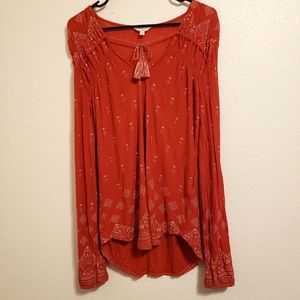 Lucky Brand | Boho Front Tassel Long Sleeve Blouse Top Red
